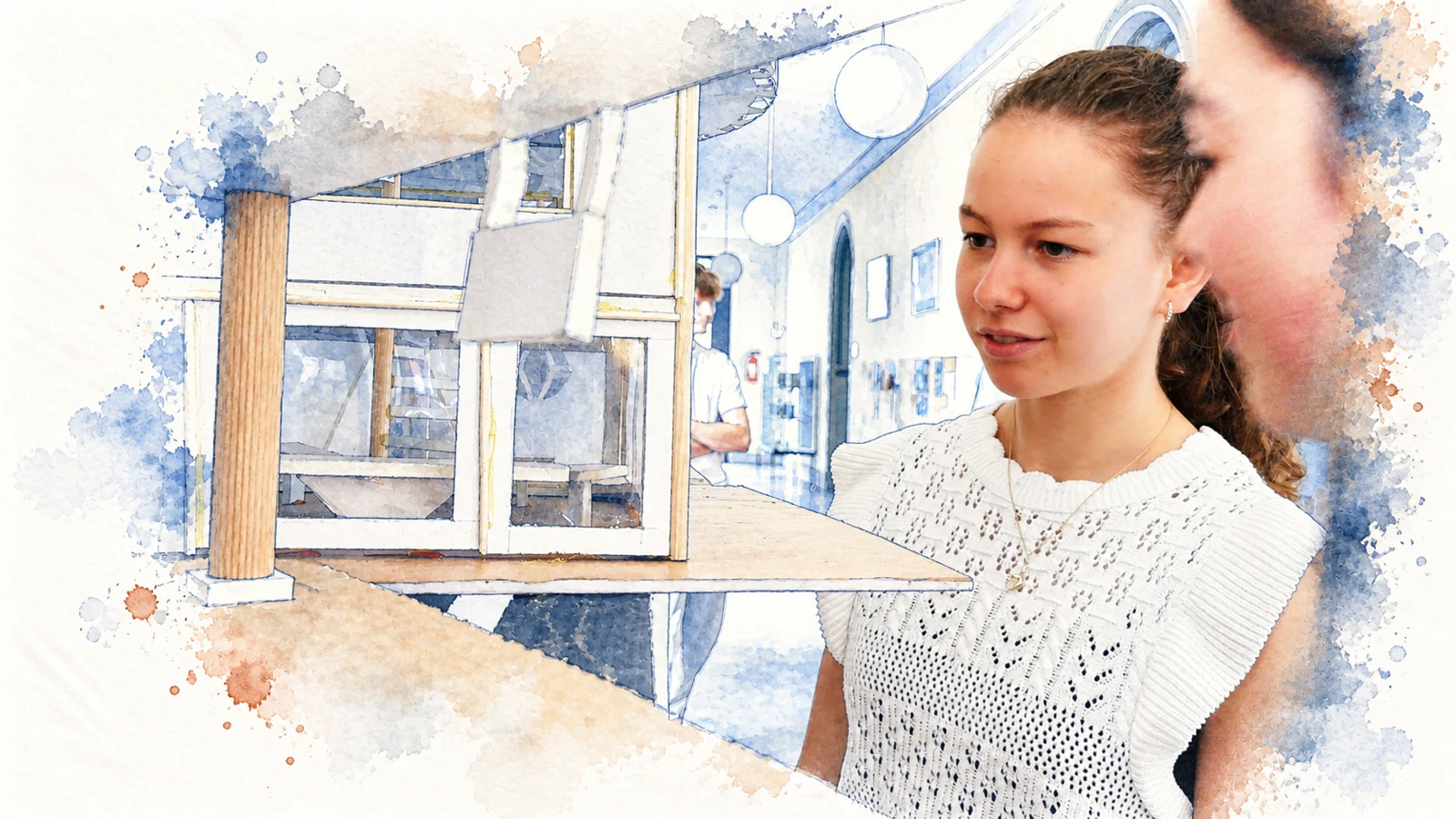 Schülerinnen betrachten ein Architekturmodell im Schulflur.