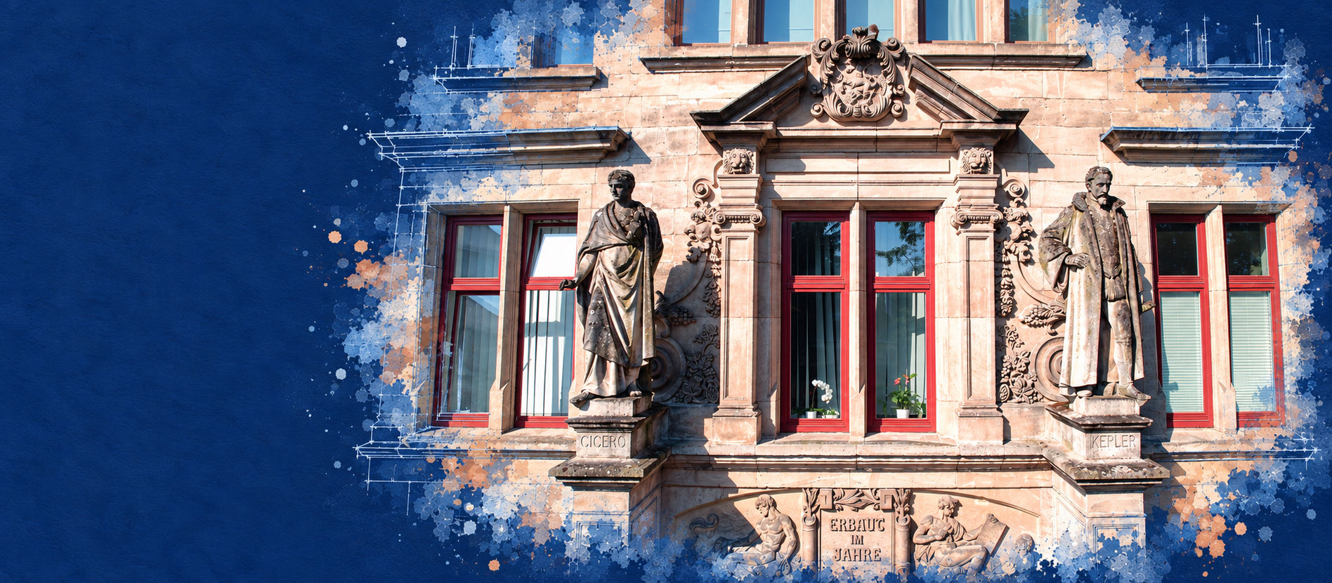 Cicero und Kepler an der Schulfassade, mit Aquarell und gezeichneten Architekturkonturen.