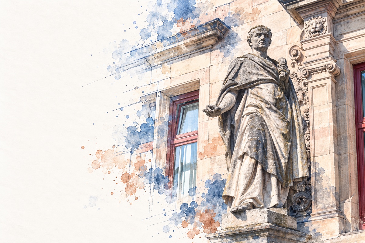 Cicero vor der Parler-Fassade, mit nach links auslaufender Aquarellzeichnung.