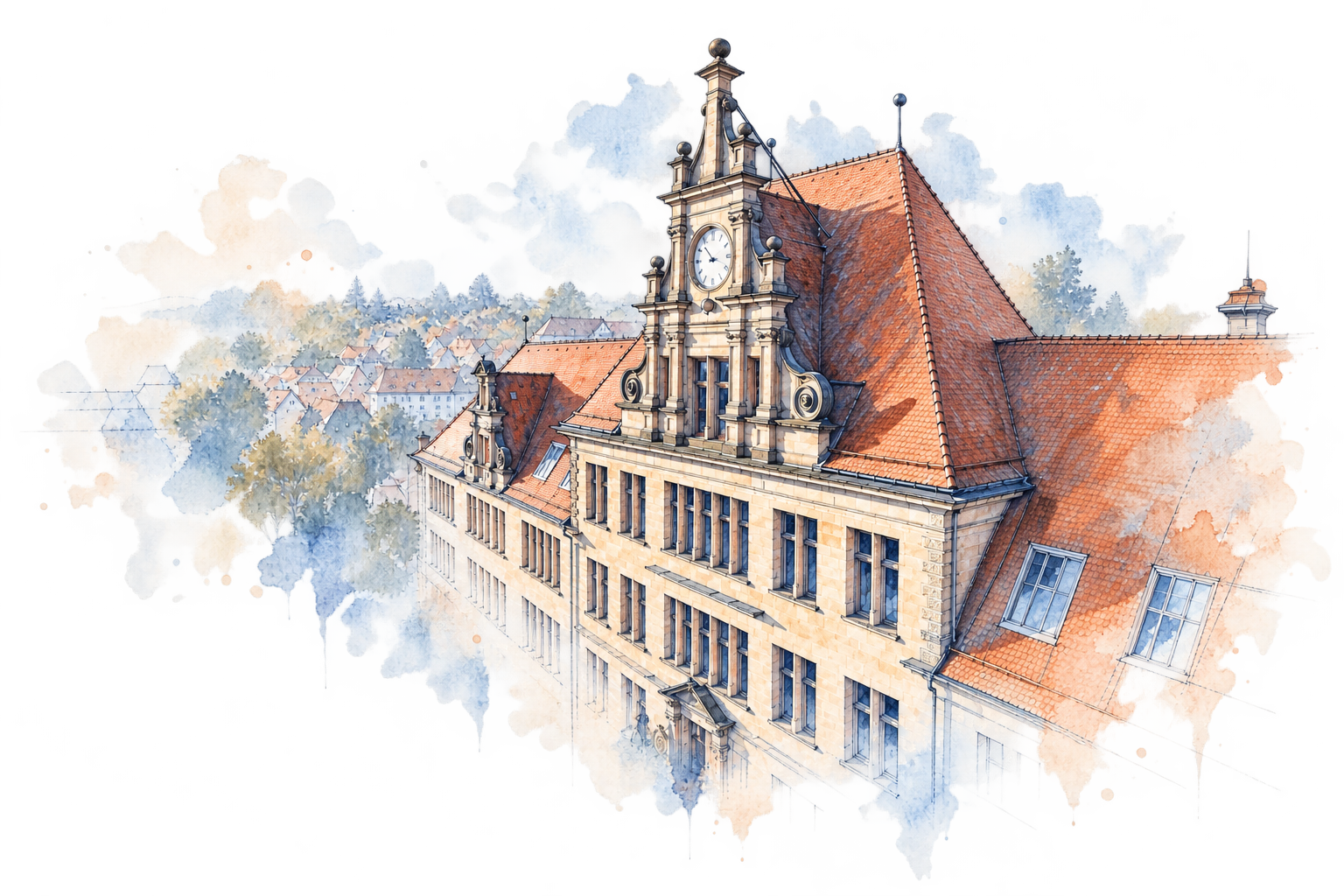 Das historische Parler-Schulhaus als Aquarell; Dach- und Fassadenlinien laufen in eine offene Zeichnung aus.