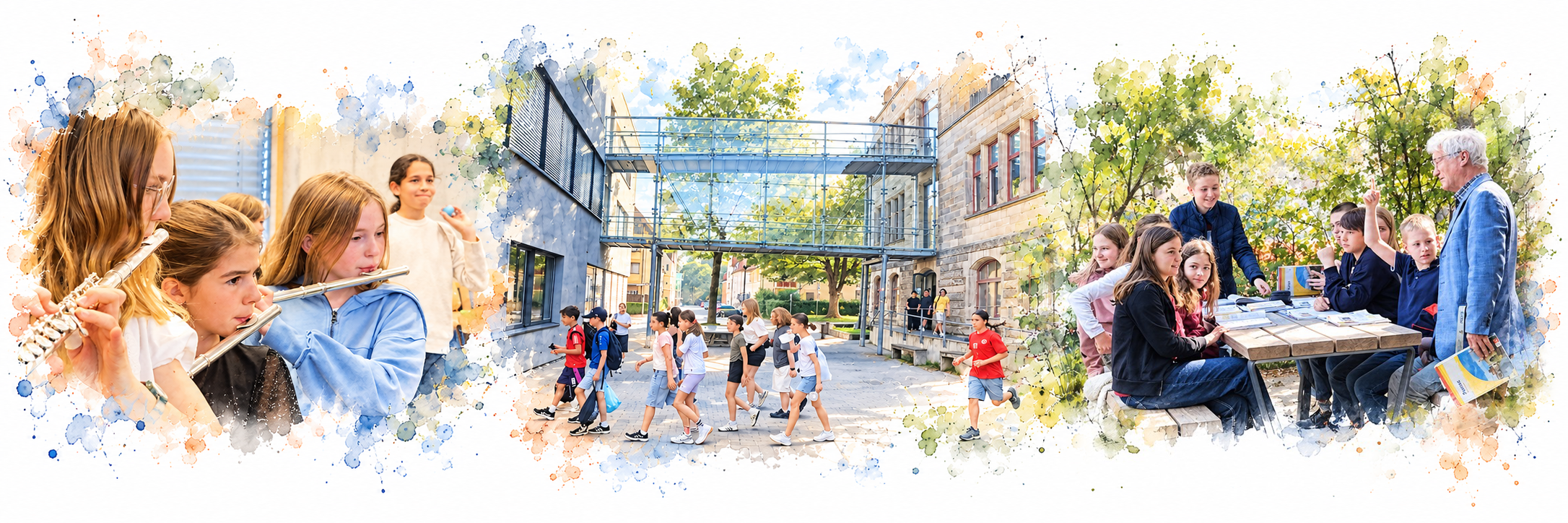 Aquarellcollage aus dem Schulflyer: Schüler spielen Flöte, gehen durch den Schulhof und lernen gemeinsam mit einer Lehrkraft im Freien.